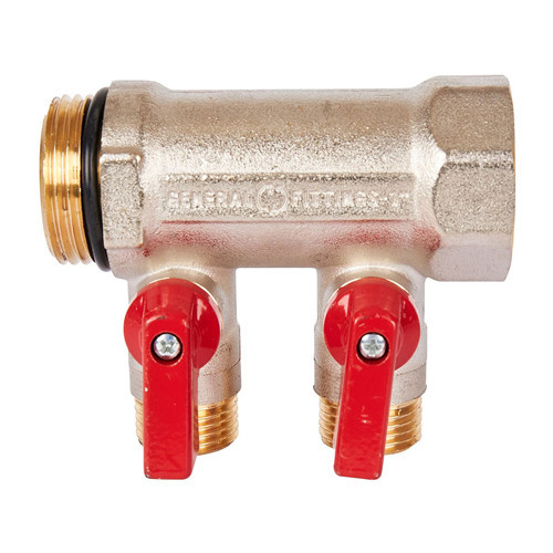 Коллектор распределительный STOUT SMB 6210 2 отвода ВР-НР 1"х1/2" DN 25 PN 10 с шаровыми кранами красная рукоятка уплотнительное кольцо 2