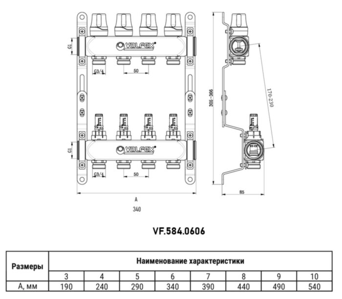 Коллекторная группа VALFEX VF.584.0606 6-х контурный ВР-НР 1"x3/4" DN 25 PN 6 с регулирующими клапанами и расходомерами