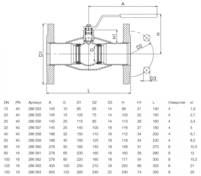 Кран шаровой NAVAL 286557 DN 32 PN 40 нержавеющий стандартнопроходный фланцевый