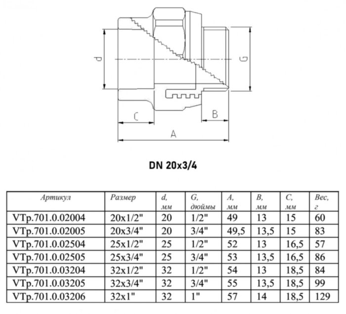 Переходник VALTEC VTp.701 НР 3/4" DN 20 PN 25 полипропиленовый комбинированный