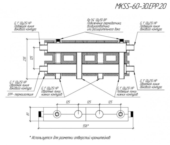 Коллектор распределительный GIDRUSS MKSS-60-3D.EPP 2-х контурный НР 1" Ду 25 Ру 6 модульный в термоизоляции