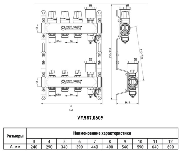 Коллекторная группа VALFEX VF.587.0609 9-ти контурный ВР-НР 1"x3/4" DN 25 PN 10 с дренажными кранами и регулирующими, балансировочными клапанами