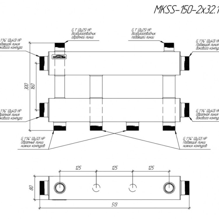 Коллектор распределительный GIDRUSS MKSS-150-2x32 3-х контурный НР 1 1/2"x1 1/4" Ду 40 Ру 6 модульный 2