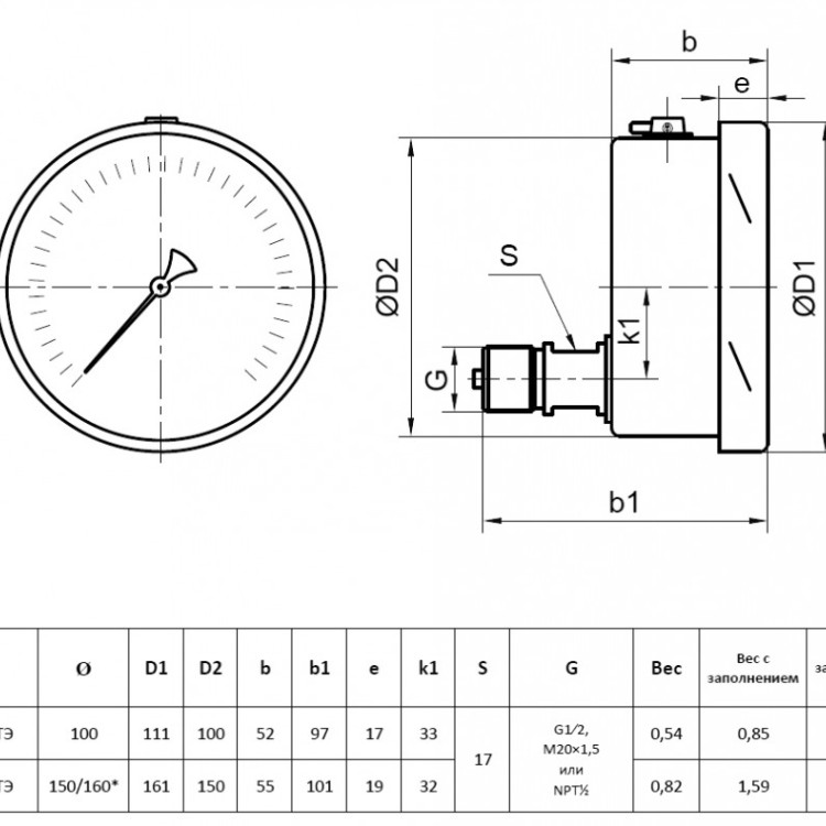 Манометр РОСМА ТМ-521ТЭ.00 (0...0,25 МПа) Дкорп=100мм кл. 1,0 G1/2" коррозионностойкий виброустойчивый эксцентрический 00000007635 2