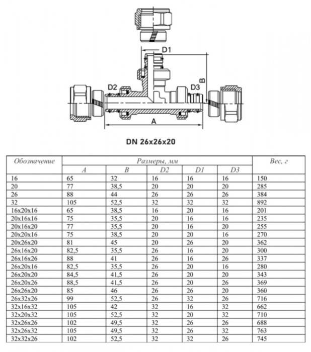Тройник переходной VALTEC VTm.331 DN 26x26x20 PN 10 латунный никелированный