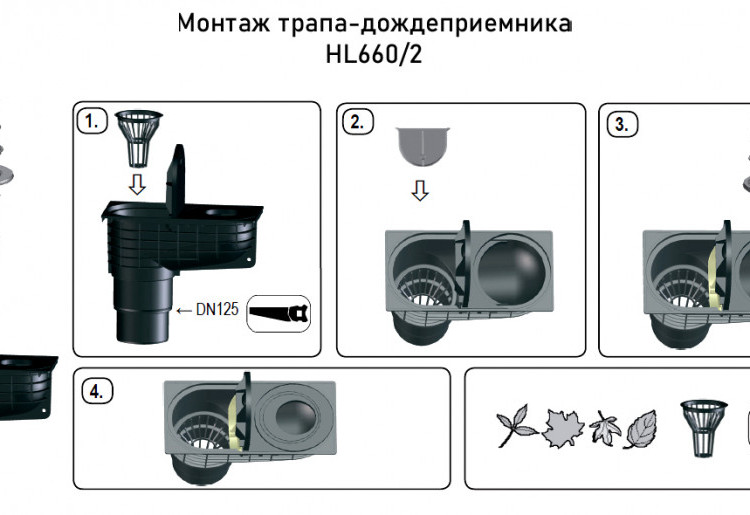Дождеприёмник HL660/2 DN110/125 с вертикальным выпуском, набор.кольца под трубы DN75/90/100/110 мм 3