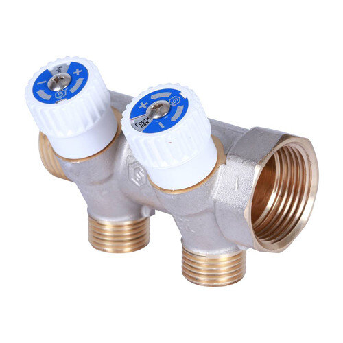 Коллектор распределительный STOUT SMB 6852 2 отвода ВР-НР 1"х1/2" DN 25 PN 10 с запорными клапанами плоское уплотнение