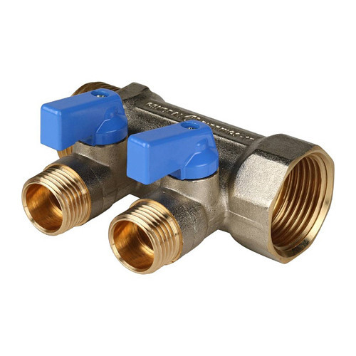 Коллектор распределительный STOUT SMB 6201 2 отвода ВР-НР 1"х1/2" DN 25 PN 10 с шаровыми кранами синяя рукоятка