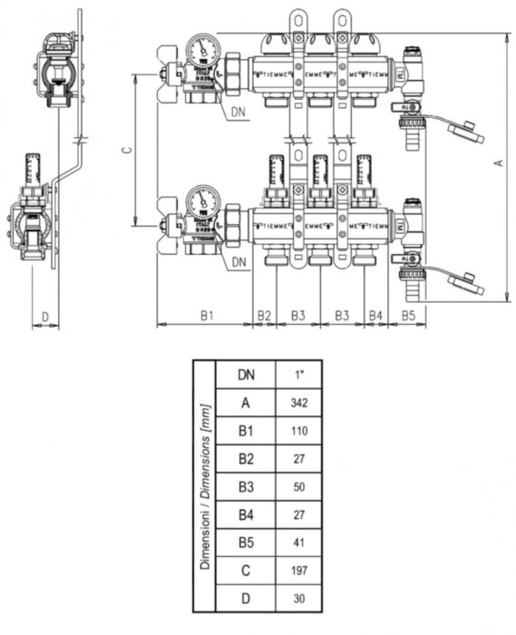 Коллекторная группа TIEMME 4 выхода с механическим регулировочным винтом и байпасом