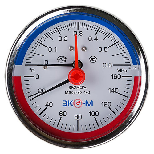 Термоманометр ЭКОМЕРА МД04-80 Ду 80 мм Ру 0-0,6 МПа Т 0-160C 1/4'' L=40 мм с переходником на 1/2'' 2
