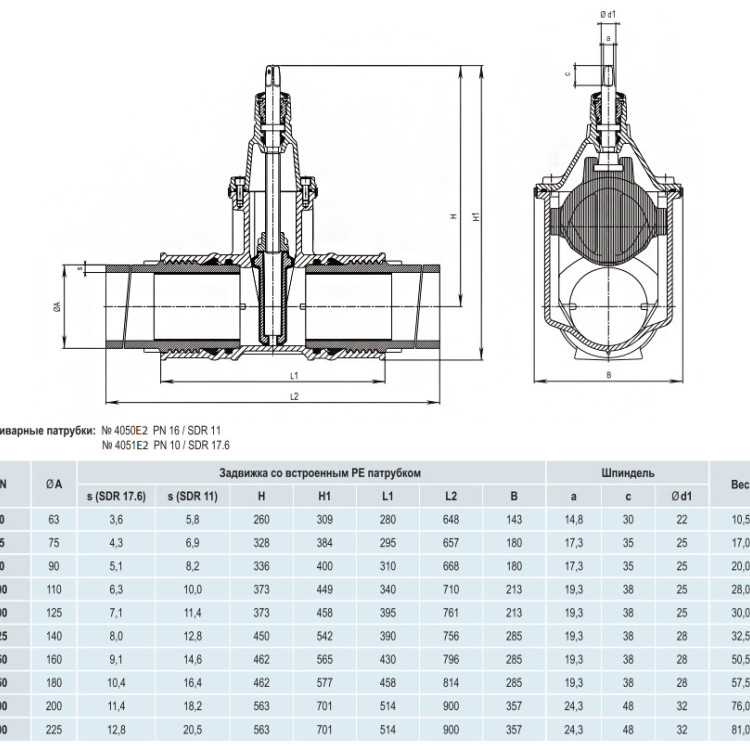 Задвижка HAWLE 4051E2 DN 200/200 PN 10 с ПЭ патрубками клиновая чугунная с обрезиненным клином 4