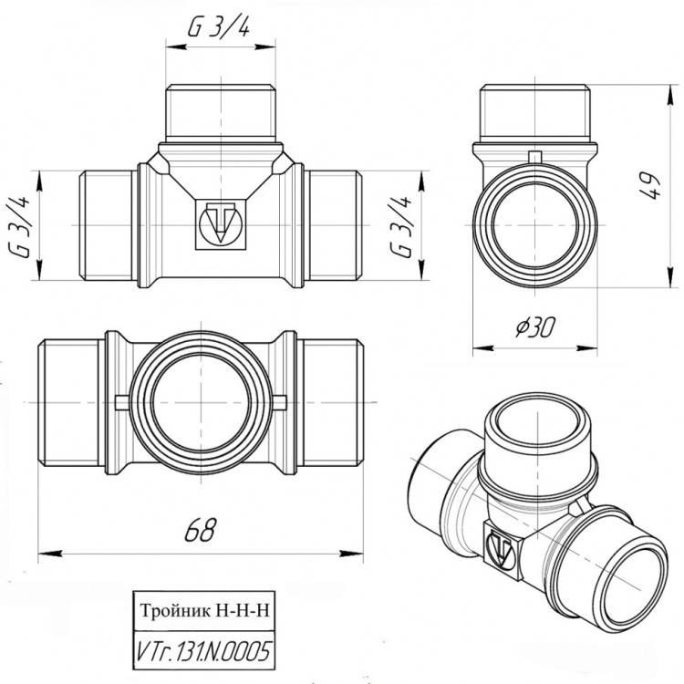 Латунный тройник VALTEC 3/4" с наружной резьбой VTr.131.N.0005 4