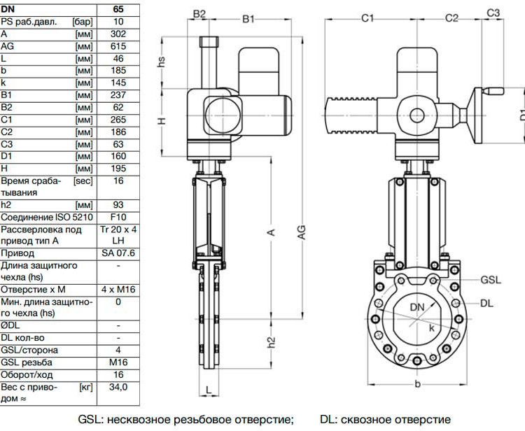 Задвижка шиберная ножевая VAG ZETA DN 65 PN 10 с электроприводом AUMA SA07.6 2