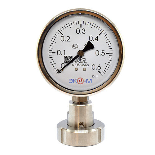 Разделитель сред (молочная гайка) Ду 25 мм в сборе с манометром ЭКОМЕРА МД90 Ду 100 мм Ру 0-0,6 МПа 1/2''