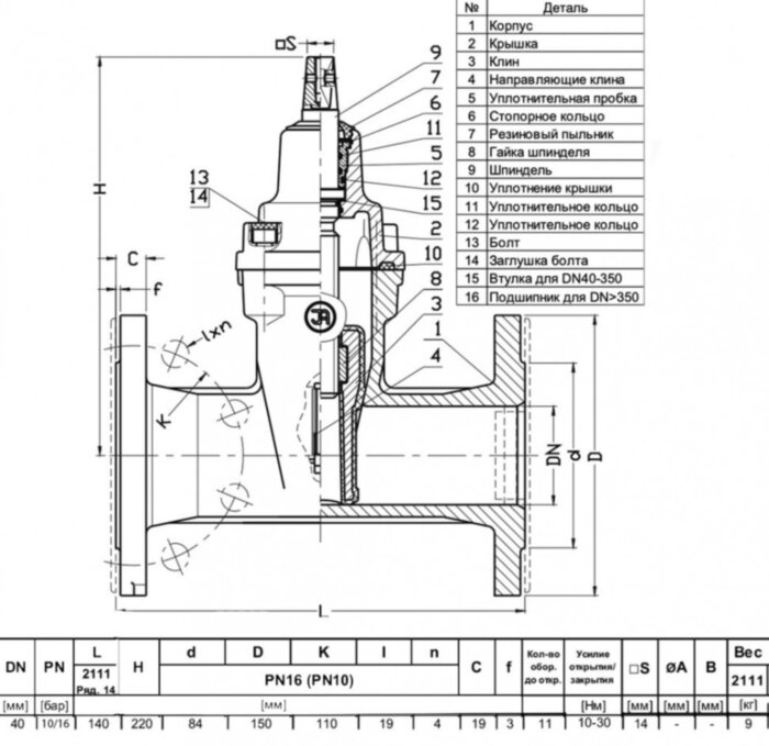 Задвижка JAFAR 2111 DN 40 PN16 фланцевая клиновая чугунная с обрезиненным клином