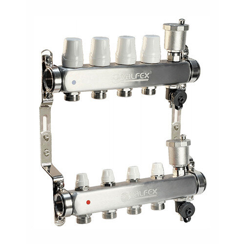 Коллекторная группа VALFEX VF.587.0605 5-ти контурный ВР-НР 1"x3/4" DN 25 PN 10 с дренажными кранами и регулирующими, балансировочными клапанами