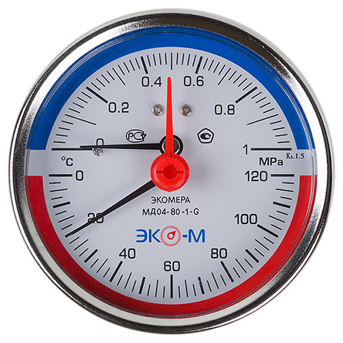 Термоманометр ЭКОМЕРА МД04-80 Ду 80 мм Ру 0-1 МПа Т 0-120C 1/4'' L=40 мм с переходником на 1/2'' 2