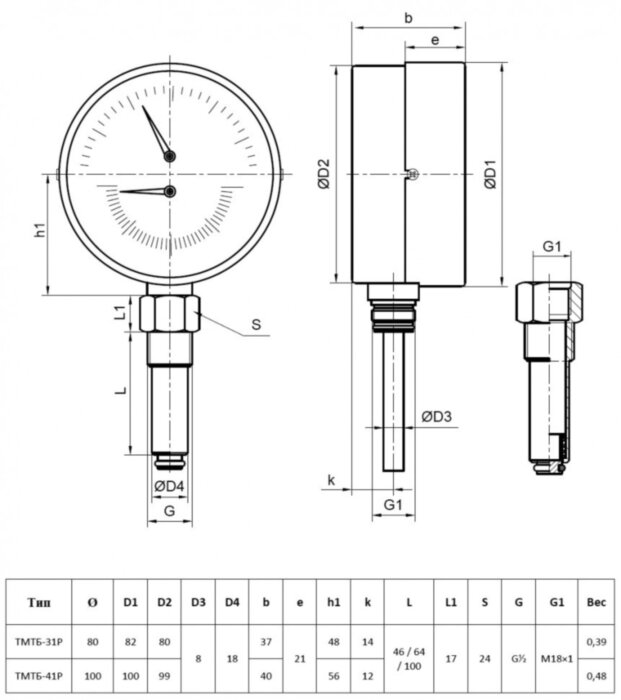 Термоманометр РОСМА ТМТБ-41Р.2 (0...1 МПа) Дкорп=100мм L=64мм кл. 2,5 G1/2" Траб = 0...+150°C радиальный 00000002368