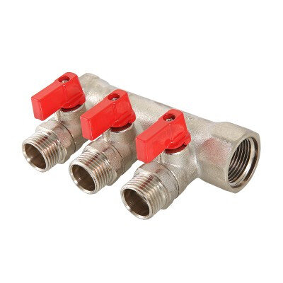 Коллектор распределительный VALTEC VTc.580.N.0603 3 отвода ВР-НР 1"x1/2" DN 25 PN 10 с шаровыми кранами красная рукоятка