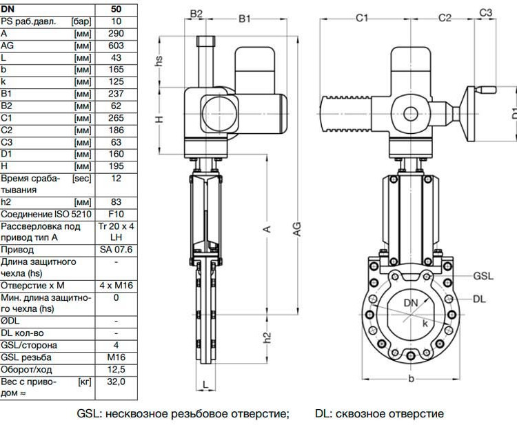 Задвижка шиберная ножевая VAG ZETA DN 50 PN 10 с электроприводом AUMA SA07.6 2