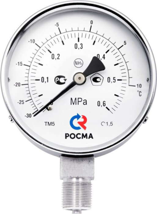 Манометр РОСМА ТМ-521Р.00 NH3 (0...0,6 МПа) Дкорп=100мм кл. 1,0 G1/2" Траб= -30...+10°C коррозионностойкий виброустойчивый радиальный, аммиак 0000003263