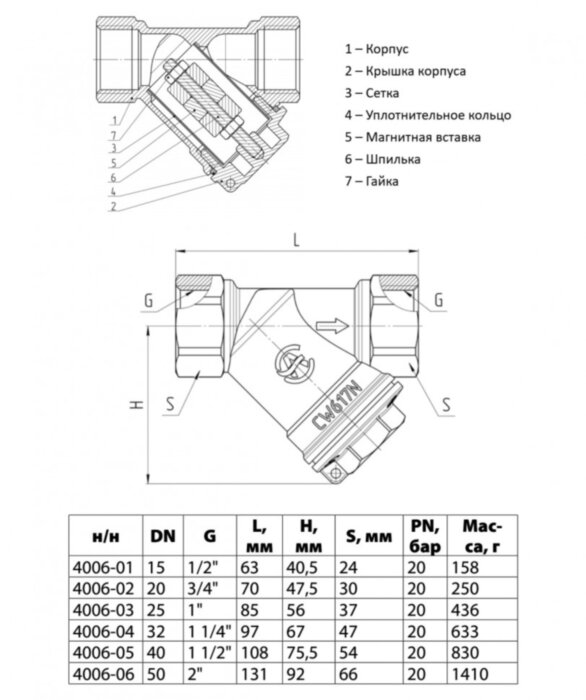 Фильтр сетчатый латунный Aquasfera 4006 DN 20 PN 20 резьба - 3/4'', косой, с магнитной вставкой, резьбовой ВР-ВР, 4006-02