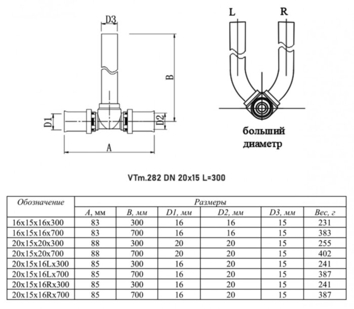 Тройник переходной VALTEC VTm.282 DN 20x15x20 PN 10 L=300 с хромированной трубкой латунный никелированный