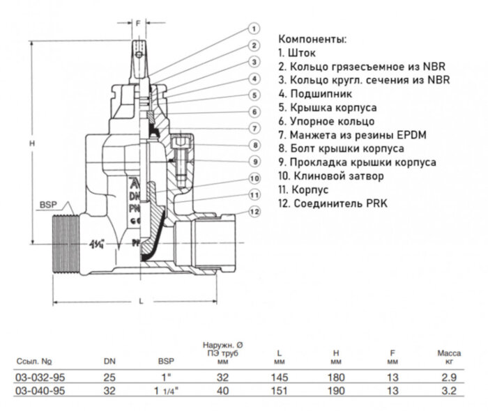 Задвижка AVK 03/95 DN 32 PN 10 ответвительная с PRK для ПЭ труб и наружной резьбой