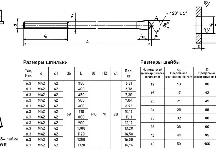 Болт фундаментный 6.3 М42х1000 с коническим концом ГОСТ 24379.1-2012 2