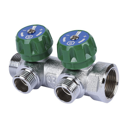 Коллектор распределительный STOUT SMB 6849 2 отвода ВР-НР 3/4"х1/2" DN 20 PN 16 с регулирующими клапанами плоское уплотнение 1