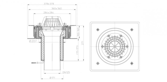 Кровельная воронка HL63.1/2 DN 125 с монтажным коробом с электрообогревом для кровель из профлиста