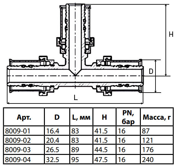 Тройник латунный Aquasfera 8009 DN 16.4 PN 16 покрытие - никель, пресс, 8009-01