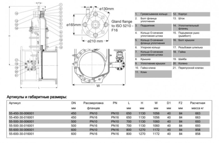 Задвижка AVK 55/30 DN 500 PN 16 клиновая фланцевая с байпасом