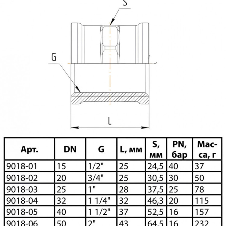 Муфта соединительная латунная Aquasfera 9018 DN 25 PN 25 резьба - 1'', покрытие - никель, резьбовая ВР-ВР, 9018-03 4