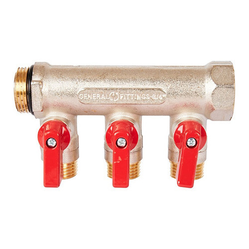 Коллектор распределительный STOUT SMB 6210 3 отвода ВР-НР 3/4"х1/2" DN 20 PN 10 с шаровыми кранами красная рукоятка уплотнительное кольцо 2