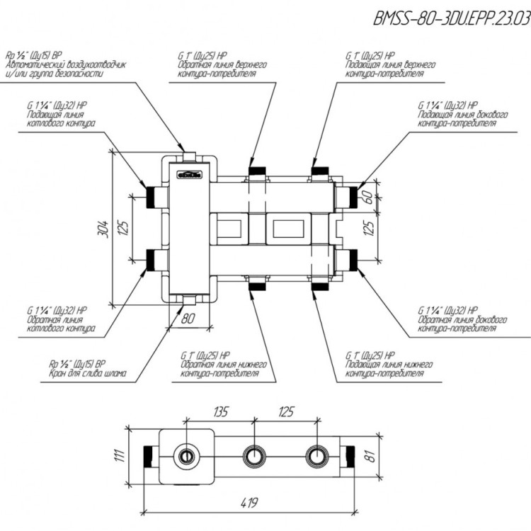 Коллектор распределительный GIDRUSS BMSS-80-3DU.EPP 3-х контурный НР 1 1/4"x1" Ду 32 Ру 6 балансировочный в термоизоляции 2