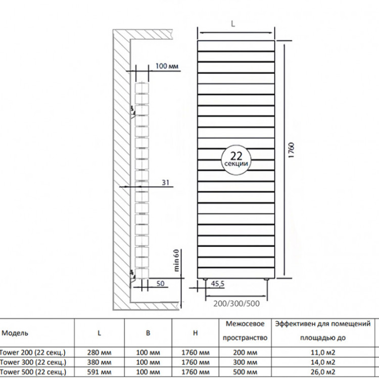 Радиатор биметаллический Royal Thermo PianoForte Tower 500 (22 cекции) Silver Satin 2