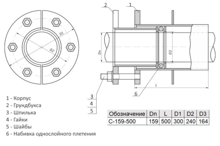 Сальник нажимной С-159-500 ТММ 18-03 Ду 159 L=500мм