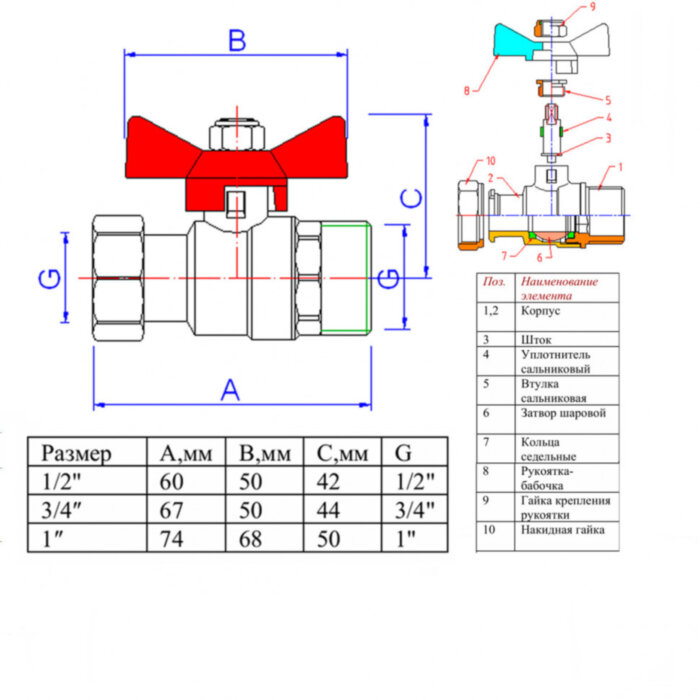 Кран шаровой VALTEC 1/2" Ду15 Ру40 с накидной гайкой и наружной резьбой VT.260.N.0404