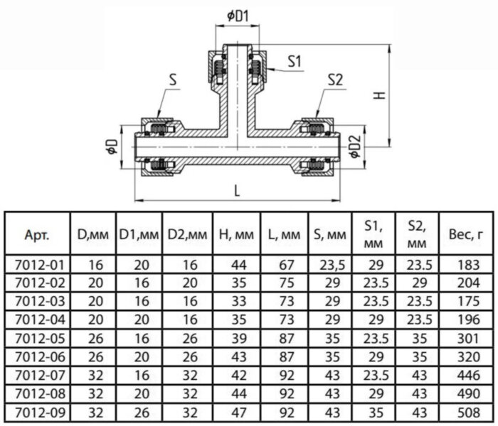 Тройник переходной латунный Aquasfera 7012 DN 26х16х26 PN 16 покрытие - никель, компрессионный, 7012-05