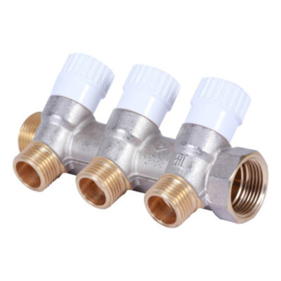 Коллектор распределительный STOUT SMB 6852 3 отвода ВР-НР 3/4"х1/2" DN 20 PN 10 с запорными клапанами плоское уплотнение