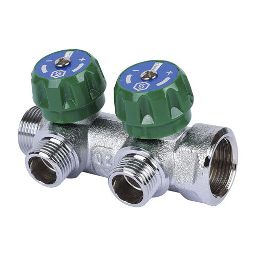 Коллектор распределительный STOUT SMB 6849 2 отвода ВР-НР 3/4"х1/2" DN 20 PN 16 с регулирующими клапанами плоское уплотнение