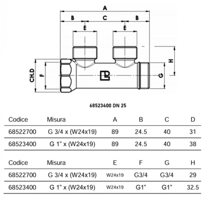 Коллектор распределительный Luxor CP 402 2 отвода ВР-НР 1"хW24x19 DN 25 PN 10 без регулировки
