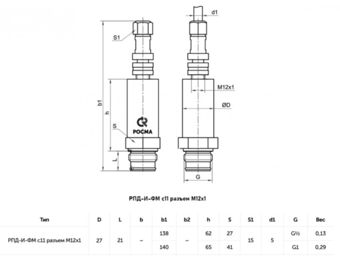 Датчик давления с фронтальной мембраной РОСМА РПД-И-ФМ с11 с разъемом М12х1 Дкорп=27мм 0-1,6 МПа кл. 0,5 G1/2" УТ-00044112