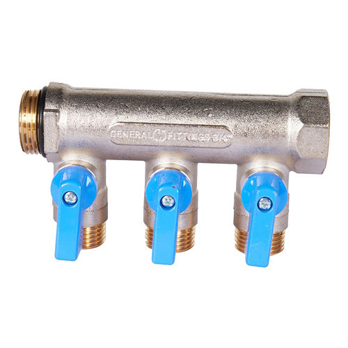 Коллектор распределительный STOUT SMB 6211 3 отвода ВР-НР 3/4"х1/2" DN 20 PN 10 с шаровыми кранами синяя рукоятка уплотнительное кольцо 2