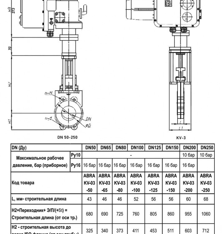 Задвижка шиберная ABRA KV-03 DN 250 PN 10 чугунная фланцевая с электроприводом 2