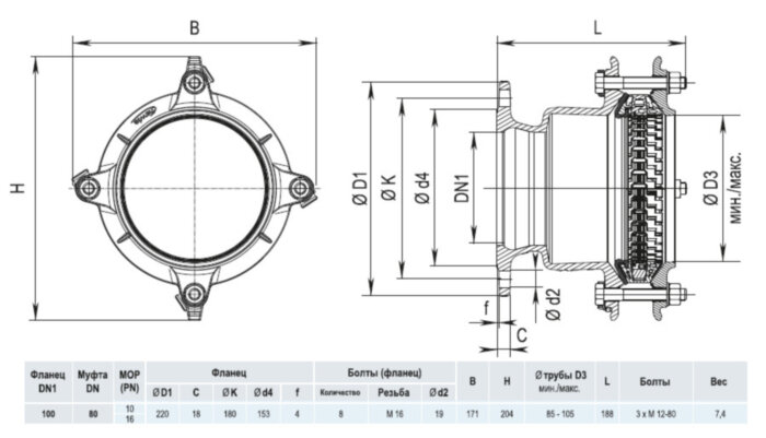 Фланец HAWLE Synoflex 7994 DN 100 (85-105 мм) универсальный фиксирующий