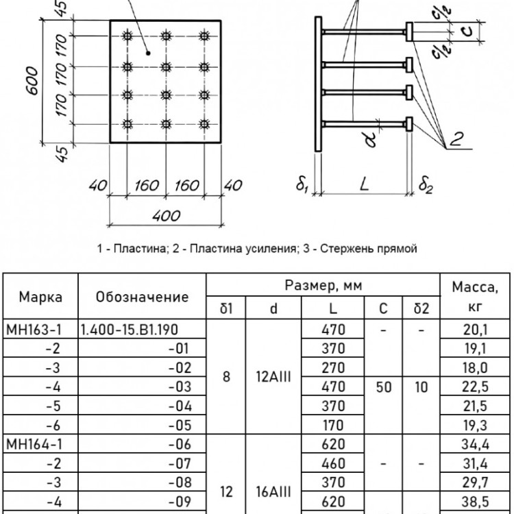 Закладная деталь МН 164-1 для железобетонных конструкций 1.400-15.В1.190-06 2