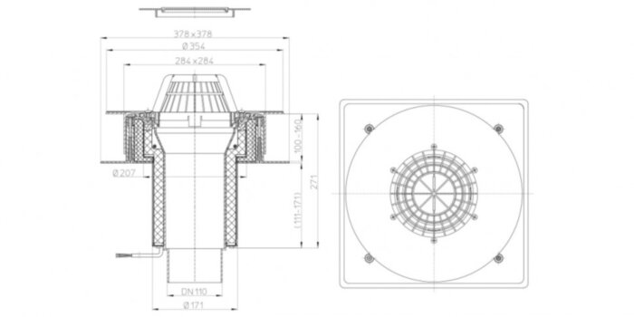Кровельная воронка из профлиста HL63.1P/1 DN 110 с электрообогревом с гидроизоляционным полотном из ПВХ