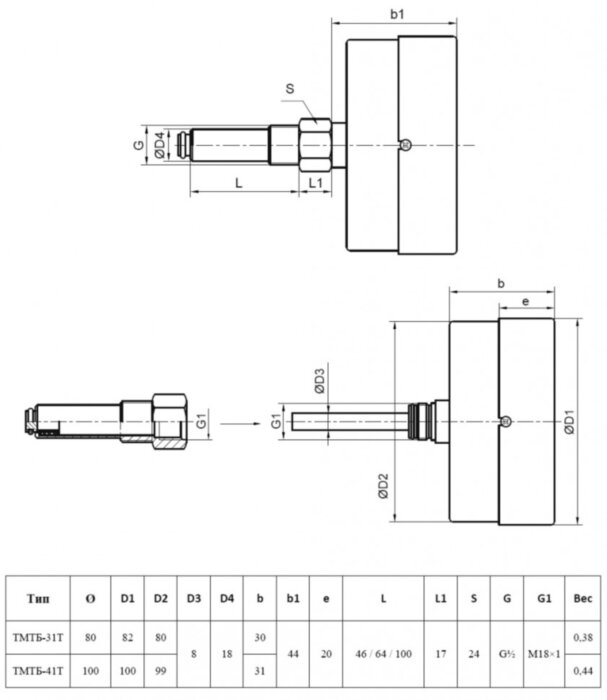 Термоманометр РОСМА ТМТБ-31T.3 (0...1,6 МПа) Дкорп=80мм L=100мм кл. 2,5 G1/2" Траб= 0...+150°C осевой 00000002306